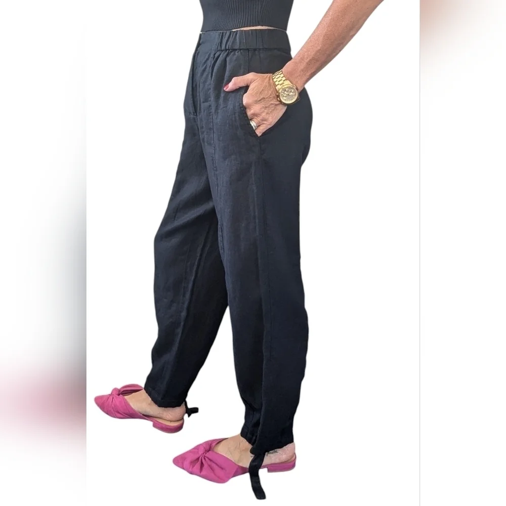 Zara Black 100% Linen Pants XS High Rise Tapered Tie Ankle Minimalist Style